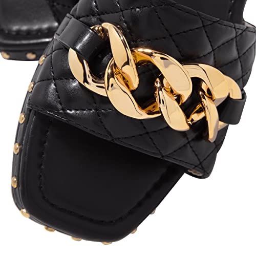 FSJ Women Sexy Square Open Toe Comfortable Flat Thick Sole Cushion Sandals Fashion Gold Chain Style Slip On Slides Studded Daily Ladies Summer Shoes Size 4-15 US3