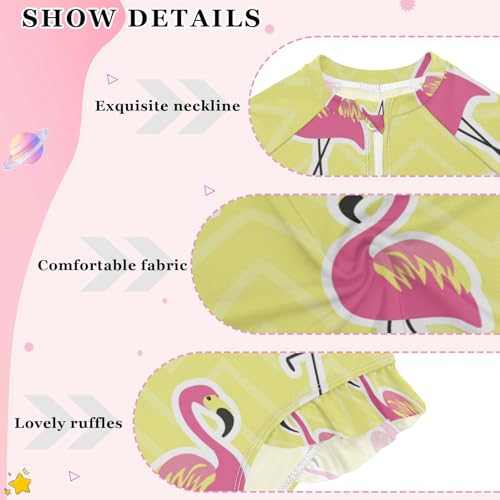 susiyo Pink Flamingo on Bright Yellow Girls One Piece Swimsuits Long Sleeve Bathing Suits Cute Ruffle Swimwear - 9-10T4