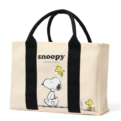 MINISO Snoopy Tote Bag Peanuts Summer Travel Series Lightweight Canvas Handbag 11.4 Multipurpose Use Grocery and Carry Bags for Men Women Beige