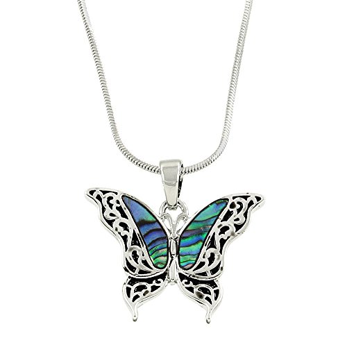 Falari Butterfly Pendant Necklace Green Abalone Rhodium High Polished J1454 #TOP13