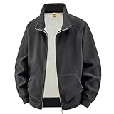 Men's Fleece Lined Jacket with Pockets Loose Fit Long Sleeve Plain Color Zipper Lapel Casual Coat Winter Morning Runs Outwear Big&Tall Black