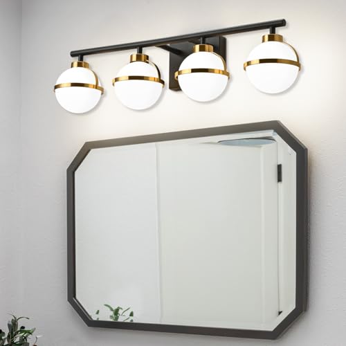Image of SOLFART 4 Light Bathroom Vanity Light Vintage Bathroom Light Fixtures Over Mirror Brass Black Wall Sconce Bath Lighting