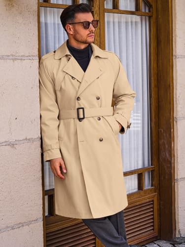 Runcati Mens Trench Coat Double Breasted Long Jacket Casual Windbreaker Notched Lapel Belted Overcoat4