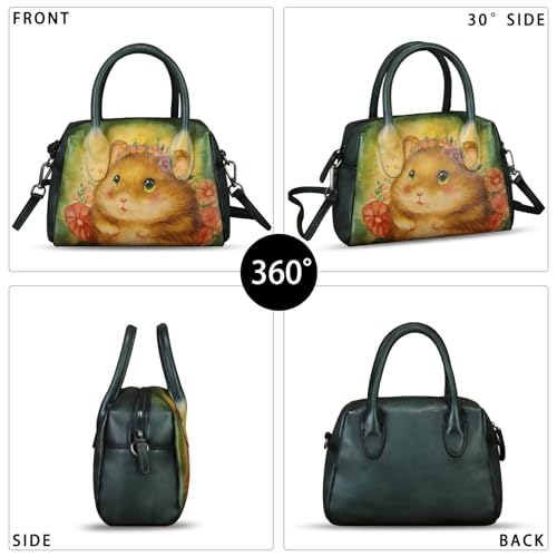 Image of Genuine Leather Handbag for Women Hand Painted Top Handle Purse Retro Handmade Satchel Vintage Crossbody Hobo Bag