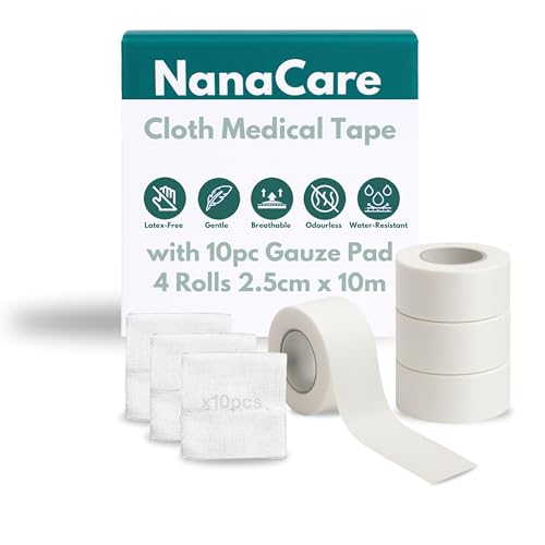 NanaCare Cloth Medical Tape Waterproof 4 Rolls x 1 inch + 10 pc Gauze Pads - Hypoallergenic Surgical Tape for Wound Care Dressings & Face First Aid Waterproof Bandage for Sensitive Skin