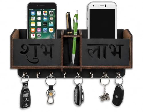 Image of Shubh Labh Key Holder Unique Designer 2 Pocket Pen and Mobile Stand Stainless Steel 8 Hooks Wooden Key Holder for Home, Key Stand for Wall, Key Organizer for Office, Hall Decoration