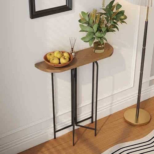 Moderna mesa estrecha de madera con patas de metal, elegante mesa consola para entrada, acabado marrón, 60 cm, decoración versátil para sala de estar o pasillo