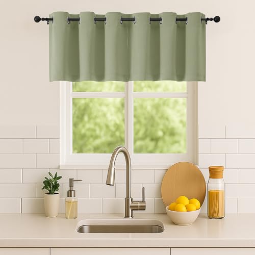 Image of Simplebrand Sage Green Kitchen Valances for Windows 18 Inches Long 2 Pack, Room Darkening Window Valances for Living Room, Grommet Short Straight Drape Kitchen Curtains for Bedroom Kids Room, 40Wx18L