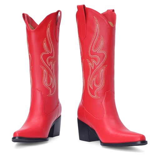 Image of Pasuot Cowboy Boots for Women - Cowgirl Western Mid Calf Boots with Embroidery, Pointed Toe Retro Chunky Heel Slip On Fashion Classic Short Boots Pull On for Ladies Summer Fall
