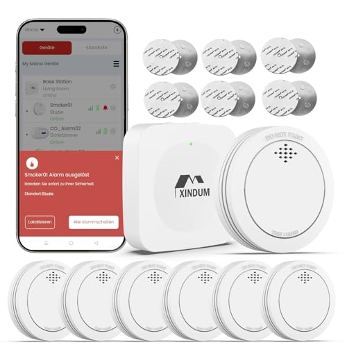 Rauchmelder WLAN mit Basisstation 10 Jahre Smart Feuermelder TÜV-Rheinland EN 14604 Rauch Melder Vernetzt mit austauschbarer Batterie kein LED-Blinken kompatibel mit APP 6er Set