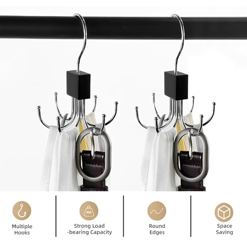 Image of 2pcs Belt Organiser for Wardrobe, 360 Degree Rotatable Multipurpose Hanger Organizer with 6 Hooks, Stainless Steel Wardrobe Organiser for Belt, Tank Top, Tie, Scarf, Hat and Purse
