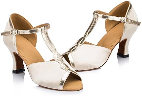 Honeystore Women's T Strap Glitter Heel Latin Dance Shoes Ivory 7.5 B(M) US | Image 4