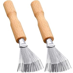 Boao Hair Brush Cleaner, 2 Pieces Mini Hair Dirt Remover Brush with Metal Wire Rake, Wooden Handle for Home and Salon Use(Handle with Groove)