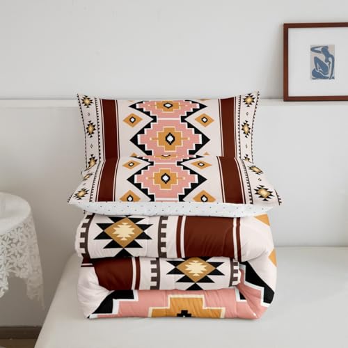 Image of Feelyou Boho Aztec Kids Comforter Set Queen Size West Bedding Set Wheat Brown Duvet Quilt for Kids Boys Girls Bedroom Western Decor Microfiber Ultra Soft Breathable