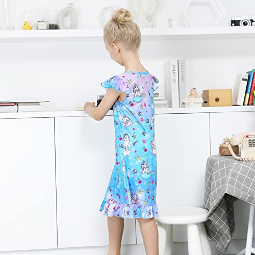 Sylfairy 2Pcs Girls Nightgowns, Unicorn Nightgown Princess Pajama Dresses For Girls Sleepwear Nightie (Blue+Rainbow, 4-5T) #TOP3