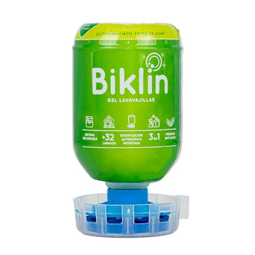 BIKLIN Detergente Ecológico para Lavavajillas | Incluye Dosificador Automático 40 Lavados | 500ml Jabón Líquido para Lavaplatos | Gel, Abrillantador, Sal, y Neutralizador de Olores | Rellenable