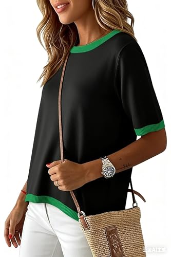 Image of Womens Short Sleeve Solid Color Block Crew Neck Sweater Shirt Lightweight Cotton Casual Summer Pullover Tops,Medium Black