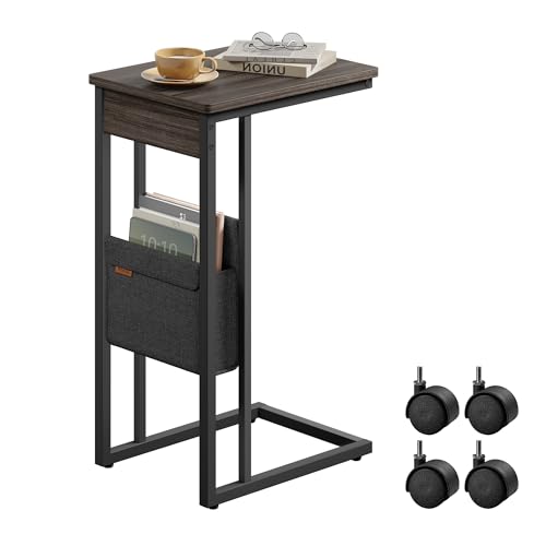 VASAGLE C-Shaped Side Table, End Table with Wheels, C Table for Couch, Sofa, with Storage Bag, Adjustable Feet, for Bedroom, Living Room, Ash Brown ULET357K74