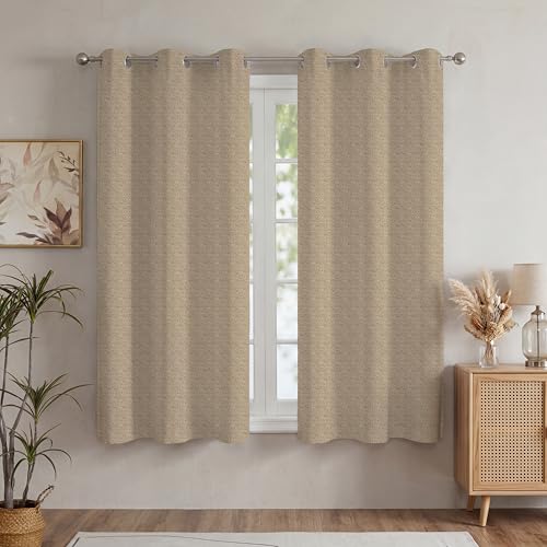 Image of LINENWALAS 100% Blackout Curtains for Window (5 Feet) - Set 2 Panels Linen Texture with Geometric Floral Pattern Complete Light Blocking with Thermal Insulated, Nose Reducing Backing (Jute Beige)