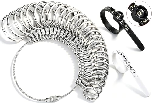 Bflaae Ring Sizer Measuring Tool Kit, 27 PCS Stainless Steel Measuring Ring Tool, US Ring Size 0-13 with Half Size, 2 PCS Reusable Finger Size Tape with Magnified Glass 1-17 USA Rings Size