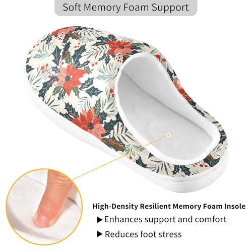 Fuzzy Memory Foam Slippers for Women/Men Retro Christmas Poinsettia Pattern Fluffy Winter House Shoes Indoor and Outdoor3