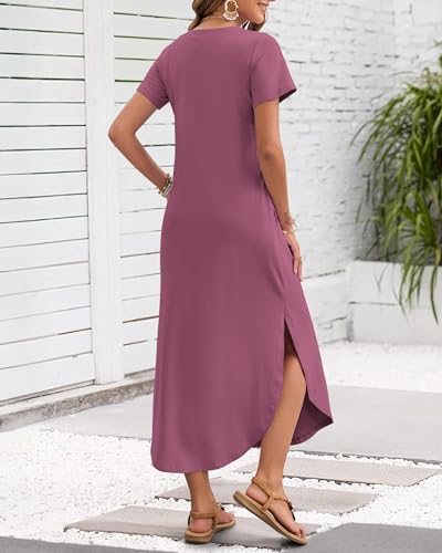 Image of MISFAY Women's Summer Maxi Dress 2026 Casual Short Sleeves V Neck Loose Sundress Split Long Beach T Shirt Dress