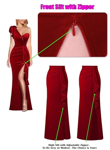 Image of VFSHOW Womens Formal Prom Elegant Ruffle One Shoulder Beaded Strap Ruched Slit Maxi Dress Wedding Evening Long Gown