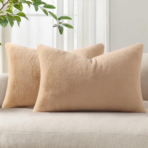 Pallene Faux Fur Plush Lumbar Throw Pillow Covers 12x20 Set of 2, Soft Fluffy Couch Pillow Covers for Living Room, Khaki
