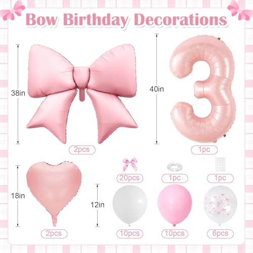 Image of 3rd Birthday Decorations for Girl,Pink 3 Balloons for Party Decorations | 3 Year Old Birthday Decoration,Anniversary Party Decor,Pink White Balloons,Bow Print Balloons,Heart Balloons