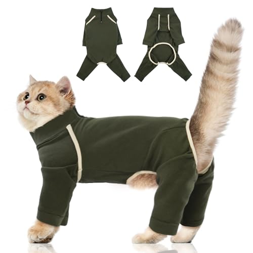 Cat Onesie with Legs - Army Green, XS - Cat Hair Sticky Onesie, Sphynx Cat Clothes, Cat Pajamas for Cats, Recovery Suit for Female Cats, Prevents Hair Loss Kitten Pajamas Costumes Outfits