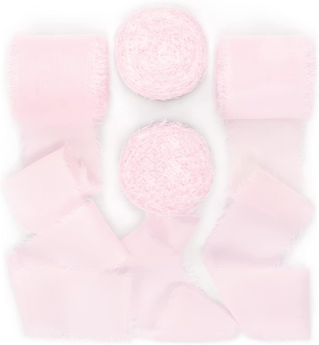 Socomi Blushing Pink Handmade Fringe Chiffon Silk Ribbon 1-3/4" x 7Yd 4 Rolls Frayed Ribbons for Wedding Invitations Bridal Bouquets Gift Wrapping