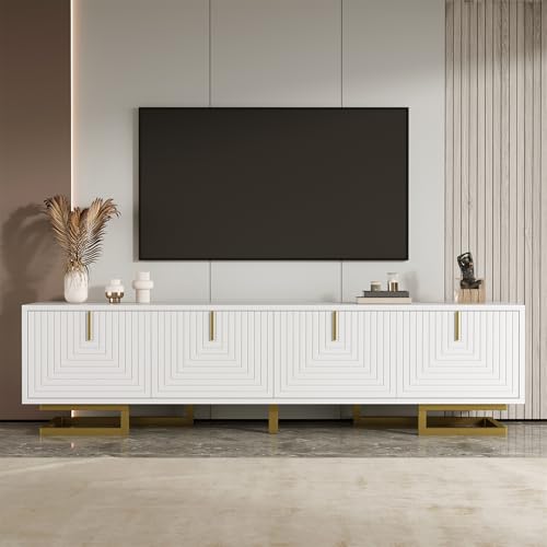 WASAGA Meuble TV avec portes structurées 160x38x44,5cm, Meuble bas avec tiroirs Poignées dorées et pieds dorés Meuble TV (Blanc & 160cm)