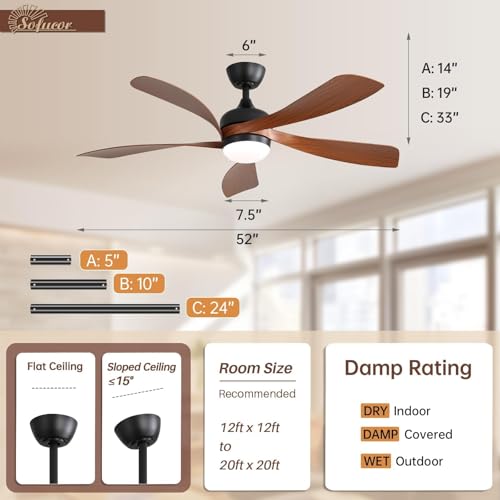 Sofucor 52 Inch Ceiling Fans with Lights and Remote, Outdoor Ceiling Fan with Light 6-Speed 3 CCT 3-Timer, Low Profile Ceiling Fan 5 Blade Reversible DC Motor for Living Room Bedroom Patio thumbnail 9