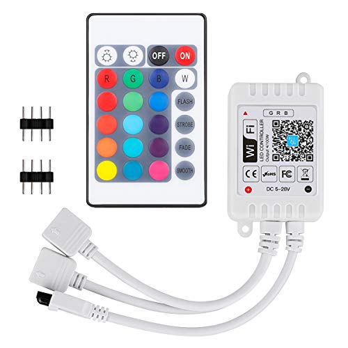 BZONE 2-Port WiFi RGB LED Controller DC5-28V with 24 Key Remote Control?Wireless Smart Controller Dual Port for 3528 5050 RGB Light Strips,Android,iOS System,Compatible with Alexa Google Home IFTTT