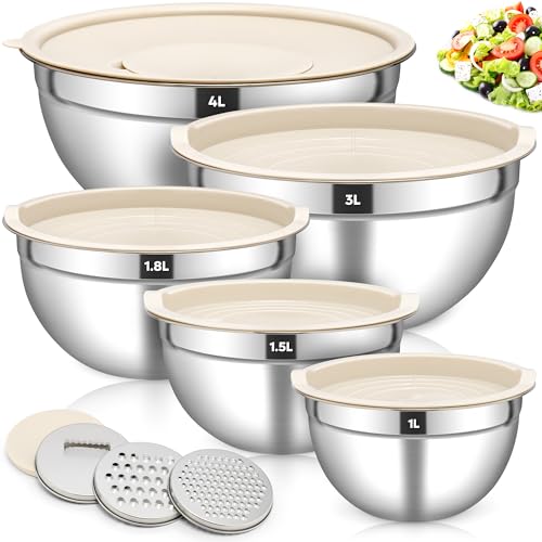 Fire More Edelstahl Rührschüssel 5er Set, 4L/3L/1,8L/1,5L/1L Salatschüssel mit luftdichte Deckel & 3 Reibenaufsätze, Stapelbar Spülmaschinenfest