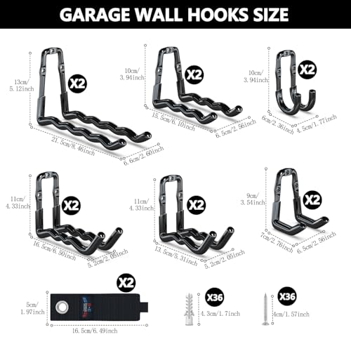 Image of 3-H Super Heavy Duty Garage Hooks 14 Pack, One-Piece Construction Garage Wall Hooks, Garage Hanger & Organizer Wall Mount for Ladders, Bikes, Chairs, WeedEaters, Shovels, Garden Tools (Black)
