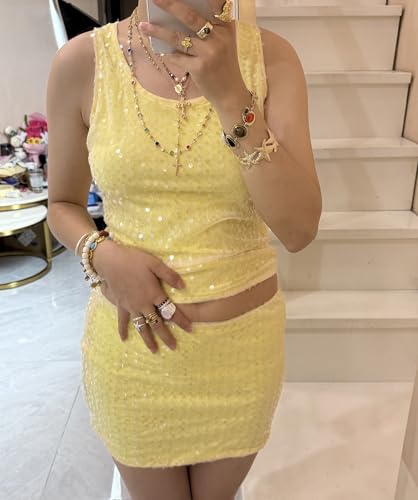 Woman Sparkly Sequin Two Piece Skirt Outfits Summer Sleeveless Cami Crop Top Sexy Bodycon Mini Skirt Sets4