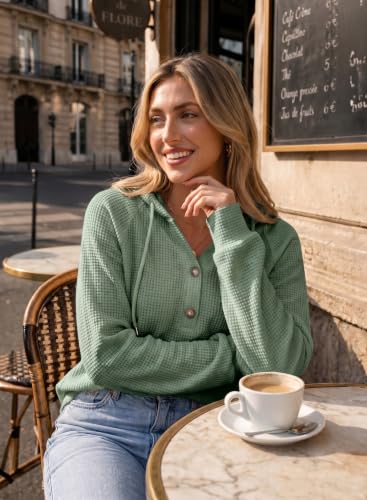Image of Dokotoo Hoodies for Women Waffle Knit Button V Neck Casual Sweatshirt Tops