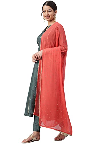 Image of Janasya Women's Dark Green Poly Silk Embellished Kurta with Pant and Dupatta