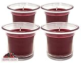 VELAS VOTIVAS PERFUMADAS – TAMAÑO: Nuestras velas tienen 43 mm de diámetro en la base, 61 mm de diámetro en el borde superior y 51 mm de altura. AROMA: Fragancia a Frutas del Bosque. COLOR: Burdeos. MECHA: 100 % de algodón, sin plomo, no tóxica. TIEMPO DE COMBUSTIÓN: 12 horas.