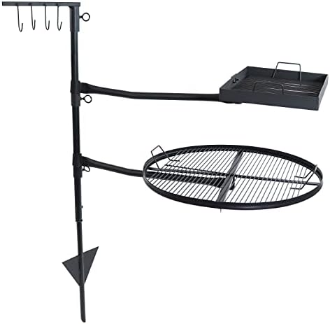 Sunnydaze Swiveling Dual-Grill Campfire Cooking Grate System - Includes 2 Height-Adjustable Grates and 1 Ground Stake