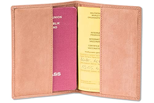 Woodland Lederetui REISEPASS mit RFID/NFC Ausleseschutz der Daten und den IMPFAUSWEIS Büffelleder Hellbraun Vintage