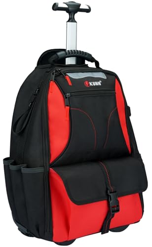 KUNN Rolling Tool Backpack with Wheels Heavy Duty, 37-Pocket Roller Tool Bag Backpack for Men, Electrician Construction HVAC, Red