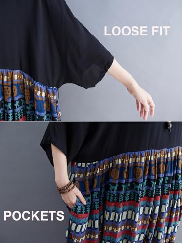 Image of Women's Oversized Dress Plus Size Summer Dress Artsy Print Pathwork | Loose, Oversized Cut Baggy Dresses. O Neck with Pockets. Breathable Viscose Fabric for Summer. Colorful Print Patchwork