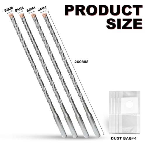 METOTY SDS Plus Hammer Drill Bit 4PC 8mm×260mm, with 4 Carbide Cutting Edges, Head with Coating, Masonry Drill, Hammer Drill - Image 2