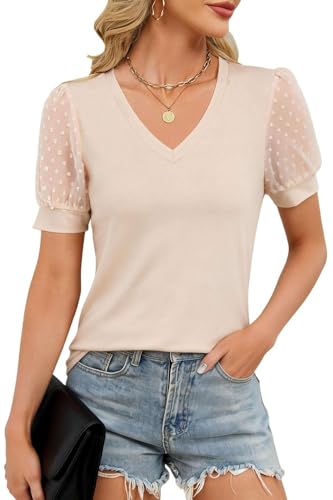 Teesho Damen Shirts Sommer V-Ausschnitt Tshirt Spitzen Oberteile Kurzarm Bluse elegant Tops(beige/L)