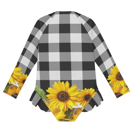 Girls One Piece Swimsuits Long Sleeve Swimsuit Zipper Bathing Suits Yellow Sunflower on Black and White Lattice2