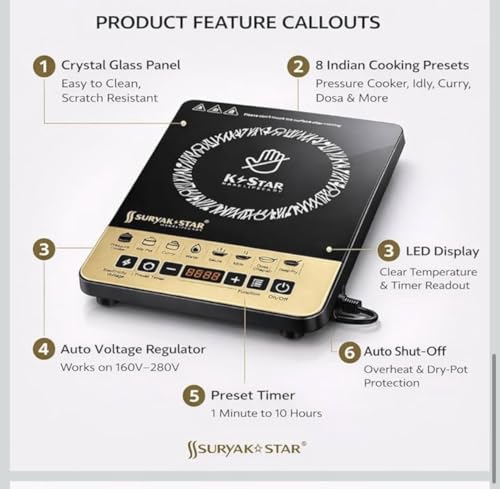 Image of SURYA K Star 2000W Induction Cooktop for Home | Crystal Glass Top | 8 Indian Cooking Modes | Auto Shut-Off & Overheat Protection | LED Display | Push Button Control | Energy Saving Electric Stove