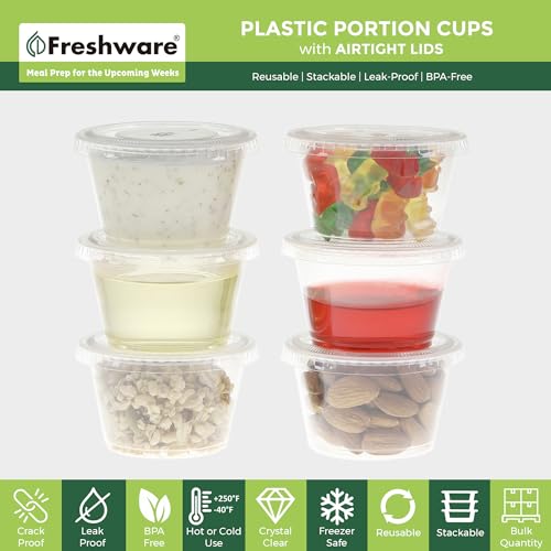 Freshware Plastic Portion Cups with Lids [4-Ounce, 100 Sets] - Souffle, Sampling, Sauce, Snack, Dressing, Jello Shot Cups, Plastic Containers, BPA Free - Thumbnail 2