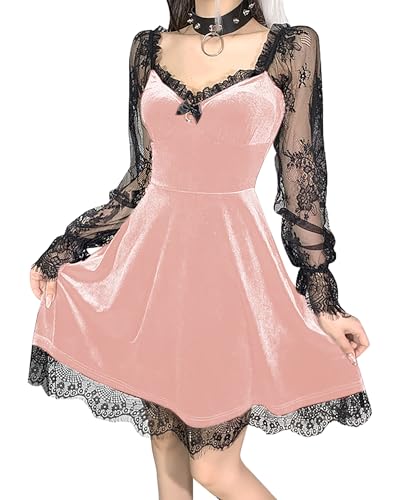 DINGJIUYAN Gothic Lace Short Dress V Neck Half Moon Corset Sexy Backless Party Mini Dress Cocktail Casual Dress Pink XXL